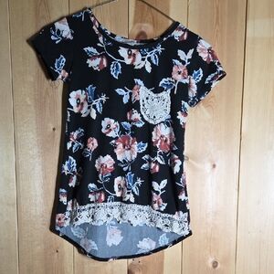 Floral Lace Trim Black Top